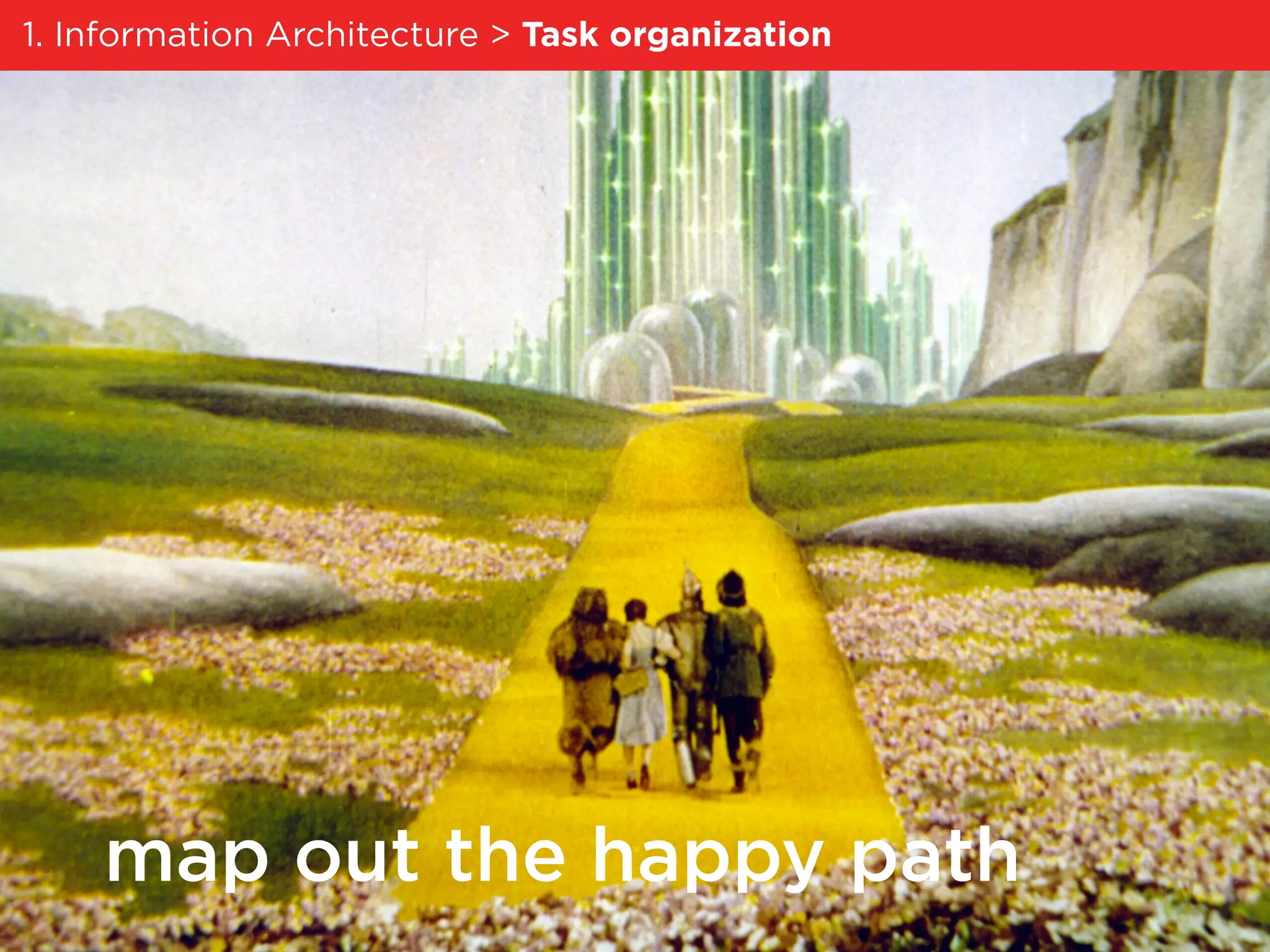 map out the happy path
1. Information Architecture > Task organization
 