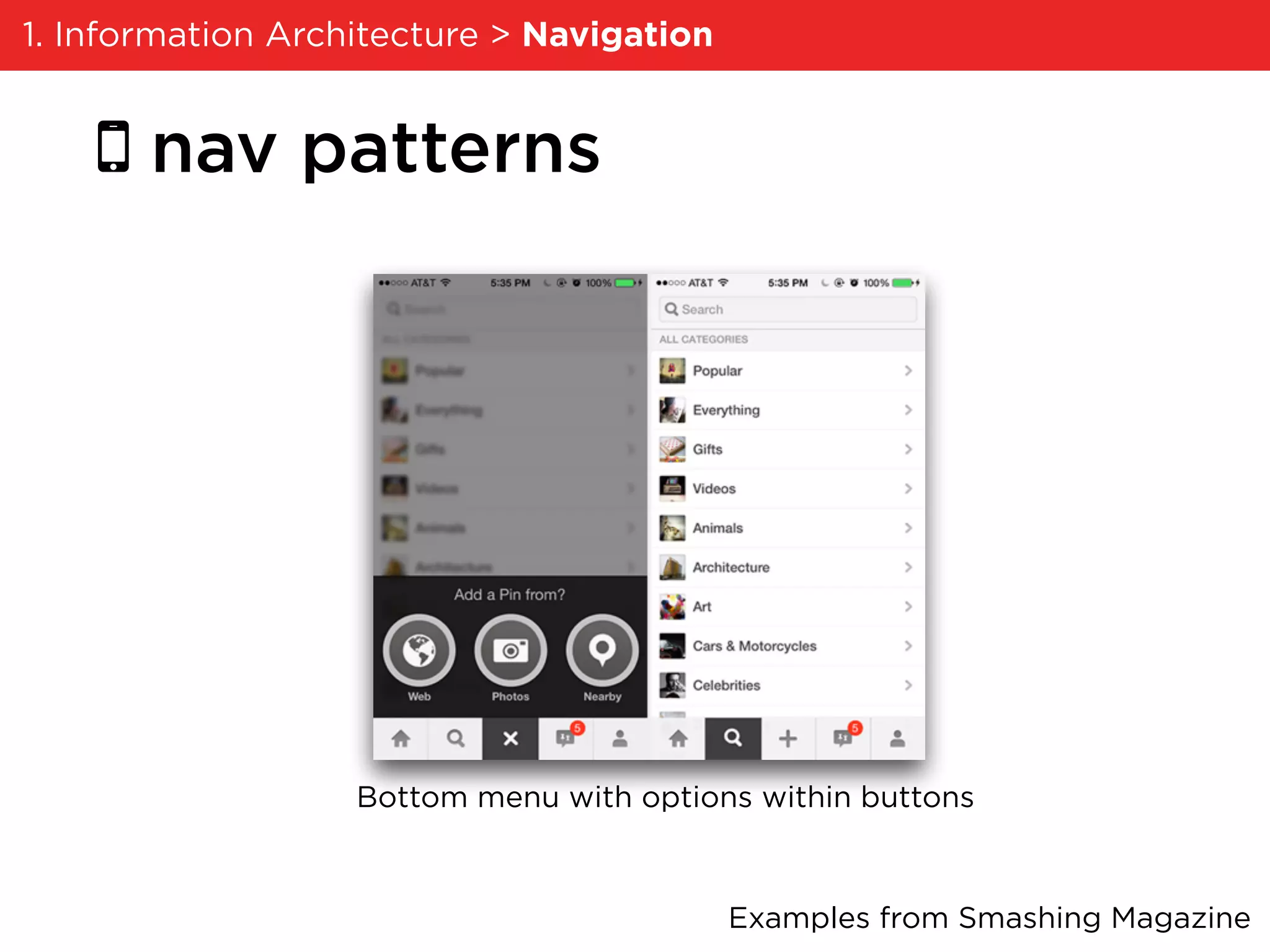 nav patterns
Bottom menu with options within buttons
Examples from Smashing Magazine
1. Information Architecture > Navigation
 