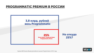 PROGRAMMATIC PREMIUM В РОССИИ
3,8 млрд. рублей
весь Programmatic
25%
Direct deals / Preferred deals
Programmatic Direct
Но откуда
25%?
Оценка IAB Russia объема российского рынка Programmatic в 2014 году.
 