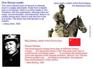 One Strong Leader The most important point of fascism is absolute trust in a sagely able leader. Aside from complete trust in one person, there is no other leader or ism. Therefore, with the organization, although there are cadre, council members, and executives, there is no conflict among them, there is only the trust in the one leader. The leader has final decision in all matters. — Jiang Jieshi, 1933 Peasant Masses The broad peasant masses have risen to fulfill their historic mission . . . the democratic forces in the rural areas have risen to overthrow the rural feudal power. . . . To overthrow this feudal power is the real objective of the national revolution. What Dr. Sun Yat-sen [Yixian] wanted to do . . . but failed to accomplish, the peasants have accomplished in a few months. — Mao Zedong, 1927 Jiang Jieshi, Leader of the Guomindang,  the Nationalist Party Mao Zedong, Leader of the Communists 