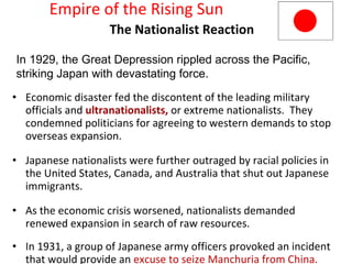 The Nationalist Reaction Economic disaster fed the discontent of the leading military officials and   ultranationalists,  or extreme nationalists.  They condemned politicians for agreeing to western demands to stop overseas expansion. Japanese nationalists were further outraged by racial policies in the United States, Canada, and Australia that shut out Japanese immigrants. As the economic crisis worsened, nationalists demanded renewed expansion in search of raw resources. In 1931, a group of Japanese army officers provoked an incident that would provide an  excuse to seize Manchuria from China.  In 1929, the Great Depression rippled across the Pacific, striking Japan with devastating force. 5 Empire of the Rising Sun 