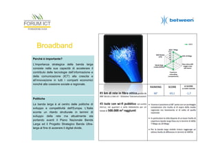 Broadband
Perché è importante?
L’importanza strategica della banda larga
consiste nella sua capacità di accelerare il
contributo delle tecnologie dell’informazione e
della comunicazione (ICT) alla crescita e
all’innovazione in tutti i comparti economici
nonché alla coesione sociale e regionale.

Politiche
La banda larga è al centro delle politiche di
sviluppo e competitività dell’Europa. L’Italia
sconta un ritardo strutturale in termini di
sviluppo della rete ma attualmente sta
portando avanti il Piano Nazionale Banda
Larga ed il Progetto Strategico Banda Ultralarga al fine di azzerare il digital divide.

 