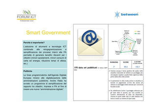 Smart Government
Perché è importante?
L’adozione di strumenti e tecnologie ICT
combinata
alla
reingegnerizzazione
e
semplificazione dei processi interni alla PA
permette di generare benefici rilevanti per i
cittadini (minori spostamenti, minori consumi di
carta ed energia, riduzione tempi di attesa,
etc.)

Politiche
Le linee programmatiche dell’Agenda Digitale
Europea mirano alla digitalizzazione delle
amministrazioni pubbliche. Anche l’Italia ha
avviato un programma di semplificazione del
rapporto tra cittadini, imprese e PA al fine di
creare una nuova “amministrazione digitale”.

 