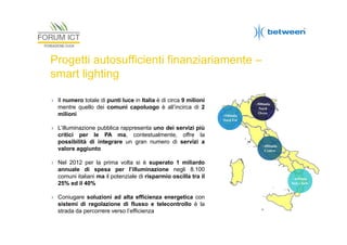 Progetti autosufficienti finanziariamente –
smart lighting
› Il numero totale di punti luce in Italia è di circa 9 milioni
mentre quello dei comuni capoluogo è all’incirca di 2
milioni
› L’illuminazione pubblica rappresenta uno dei servizi più
critici per le PA ma, contestualmente, offre la
possibilità di integrare un gran numero di servizi a
valore aggiunto
› Nel 2012 per la prima volta si è superato 1 miliardo
annuale di spesa per l’illuminazione negli 8.100
comuni italiani ma il potenziale di risparmio oscilla tra il
25% ed il 40%
› Coniugare soluzioni ad alta efficienza energetica con
sistemi di regolazione di flusso e telecontrollo è la
strada da percorrere verso l’efficienza

~540mila
Nord Est

~500mila
Nord
Ovest

~480mila
Centro

~645mila
Sud e Isole

 