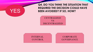 Q4. DO YOU THINK THE SITUATION THAT 
REQUIRED THE DECISION COULD HAVE 
YES BEEN AVOIDED? IF SO, HOW? 
CENTRALIZED 
VS 
DECENTRALIZED 
INTERNAL 
CONTROL 
CORPORATE 
GOVERNANCE 
 