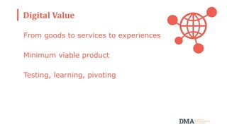 Digital Value
From goods to services to experiences
Minimum viable product
Testing, learning, pivoting
 