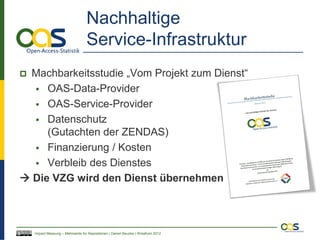 Nachhaltige
                                  Service-Infrastruktur
 Machbarkeitsstudie „Vom Projekt zum Dienst“
   OAS-Data-Provider
   OAS-Service-Provider
   Datenschutz
     (Gutachten der ZENDAS)
   Finanzierung / Kosten
   Verbleib des Dienstes
 Die VZG wird den Dienst übernehmen



    Impact Messung – Mehrwerte für Repositorien | Daniel Beucke | WissKom 2012
 