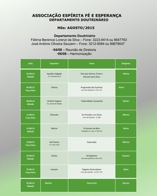 Data Expositor Tema Dirigente
01.08.15
Sábado
Aquiléia Salgado
S.E. Fernando do Ó
Pais que Geram, Criam e
Educam para Deus
Fátima
04.08.15
Terça-feira
Fátima Progressão dos Espíritos
Livro dos Espíritos Q. 114 a 127
Elenir
08.08.15
Sábado
Antônio Dagoré
A.E. Joanna de Ângelis
Paternidade Consciente Darlan
11.08.15
Terça-feira
Elisandra As Virtudes e os Vícios
Livro dos Espíritos - Q. 893
Márcio
15.08.15
Sábado
Márcio O Homem de Bem
Evangelho S.E. Cap. 17 item 03
Maria
18.08.15
Terça-feira
Joel Soares
S.E. Yvon Costa
Superação Marino
22.08.15
Sábado
Darlan Do Egoísmo
Livro dos Espíritos Q. 913 a 917
Sauzem
25.08.15
Terça-feira
Sauzem Flagelos Destruidores
Livro dos Espíritos - Q.737 a 741
Naira
29.08.15
Sábado
Marino Tema Livre Gerson
ASSOCIAÇÃO ESPÍRITA FÉ E ESPERANÇA
DEPARTAMENT0 DOUTRINÁRIO
Mês: AGOSTO/2015
Departamento Doutrinário
Fátima Berenice Lorenzi da Silva – Fone: 3223-9414 ou 9647763
José Antônio Oliveira Sauzem – Fone: 3212-6084 ou 99679047
•04/08 – Reunião de Diretoria
•06/08 – Harmonização
 