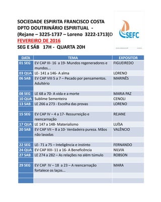 DATA TEMA EXPOSITOR
01 SEG EV CAP III- 16 a 19- Mundos regeneradores e
mundos...
FIGUEIREDO
03 QUA LE- 141 a 146- A alma LORENO
06 SAB EV CAP VIII 5 a 7 – Pecado por pensamentos.
Adultério
MARINÊS
08 SEG LE 68 a 70- A vida e a morte MARIA PAZ
10 QUA Sublime Sementeira CENOLI
13 SAB LE 266 a 273 - Escolha das provas LORENO
15 SEG EV CAP IV – 4 a 17- Ressurreição e
reencarnação
REJANE
17 QUA LE 147 a 148- Materialismo LUÍSA
20 SAB EV CAP VII – 8 a 10- Verdadeira pureza. Mãos
não lavadas
VALÊNCIO
22 SEG LE- 71 a 75 – Inteligência e instinto FERNANDO
24 QUA EV CAP XIII- 11 a 16- A Beneficência NILVIA
27 SAB LE 274 a 282 – As relações no além túmulo ROBSON
29 SEG EV CAP IV – 18 a 23 – A reencarnação
fortalece os laços...
MARA
SOCIEDADE ESPIRITA FRANCISCO COSTA
DPTO DOUTRINÁRIO ESPIRITUAL -
(Rejane – 3225-1737 – Loreno 3222-1713)D
FEVEREIRO DE 2016
SEG E SÁB 17H - QUARTA 20H
 