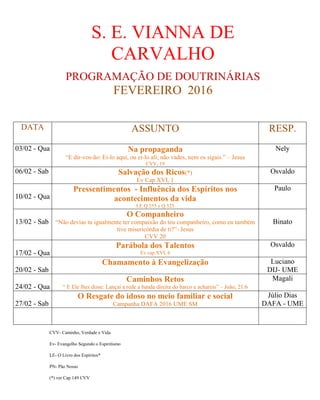 S. E. VIANNA DE
CARVALHO
PROGRAMAÇÃO DE DOUTRINÁRIAS
FEVEREIRO 2016
CVV- Caminho, Verdade e Vida
Ev- Evangelho Segundo o Espiritismo
LE- O Livro dos Espíritos*
PN- Pão Nosso
(*) ver Cap 149 CVV
DATA ASSUNTO RESP.
03/02 - Qua Na propaganda
“E dir-vos-ão: Ei-lo aqui, ou ei-lo ali; não vades, nem os sigais.” – Jesus
CVV, 19
Nely
06/02 - Sab Salvação dos Ricos(*)
Ev Cap XVI, 1
Osvaldo
10/02 - Qua
Pressentimentos - Influência dos Espíritos nos
acontecimentos da vida
LE Q 255 e Q 525
Paulo
13/02 - Sab
O Companheiro
“Não devias tu igualmente ter compaixão do teu companheiro, como eu também
tive misericórdia de ti?”- Jesus
CVV 20
Binato
17/02 - Qua
Parábola dos Talentos
Ev cap XVI, 6
Osvaldo
20/02 - Sab
Chamamento à Evangelização Luciano
DIJ- UME
24/02 - Qua
Caminhos Retos
“ E Ele lhes disse: Lançai a rede a banda direita do barco e achareis” – João, 21:6
Magali
27/02 - Sab
O Resgate do idoso no meio familiar e social
Campanha DAFA 2016 UME SM
Júlio Dias
DAFA - UME
 