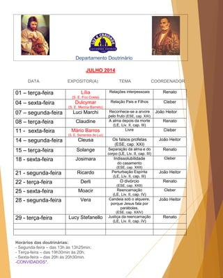 Departamento Doutrinário
JULHO 2014
DATA EXPOSITOR(A) TEMA COORDENADOR
01 – terça-feira Lília
(S. E. Fco Costa)
Relações interpessoais Renato
04 – sexta-feira Dulcymar
(S. E. Menna Barreto)
Relação Pais e Filhos Cleber
07 – segunda-feira Luci Marchi Reconhece-se a arvore
pelo fruto (ESE, cap. XXI)
João Heitor
08 – terça-feira Claudine A alma depois da morte
(LE, Liv. II, cap. III)
Renato
11 - sexta-feira Mário Barros
(S. E. Sementes de Luz)
Livre Cleber
14 – segunda-feira Cleusa Os falsos profetas
(ESE, cap. XXI)
João Heitor
15 – terça-feira Solange Separação da alma e do
corpo (LE, Liv. II, cap. III)
Renato
18 - sexta-feira Josimara Indissolubilidade
do casamento
(ESE, cap. XXII)
Cleber
21 - segunda-feira Ricardo Perturbação Espírita
(LE, Liv. II, cap. III)
João Heitor
22 - terça-feira Derli O divórcio
(ESE, cap. XXII)
Renato
25 - sexta-feira Moacir Reencarnação
(LE, Liv. II, cap. IV)
Cleber
28 - segunda-feira Vera Candeia sob o alqueire,
porque Jesus fala por
parábolas.
(ESE, cap. XXIV)
João Heitor
29 - terça-feira Lucy Stefanello Justiça da reencarnação
(LE, Liv. II, cap. IV)
Renato
Horários das doutrinárias:
- Segunda-feira – das 13h às 13h25min;
- Terça-feira – das 19h30min às 20h;
- Sexta-feira – das 20h às 20h30min.
-CONVIDADOS*.
 