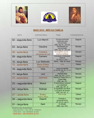 MAIO 2016 - MÊS DA FAMÍLIA
DATA EXPOSITOR(A) TEMA COORDENADOR
02 - segunda-feira Luci Marchi Os laços de família
fortalecidos pela
reencarnação
ESE, cap. IV – 18 a 23
Dagoré
03 - terça-feira Claudine Necessidade da
reencarnação
ESE, cap. IV – 25 e 26
Renato
06 - sexta-feira Cristiano
(Sementes de Luz)
Evangelho no lar –
teoria e prática
Giovani
09 - segunda-feira Carmem Felicidade e infelicidade
relativas
LE, livro IV, cap. I
Dagoré
10 - terça-feira Luci Stefanelo Maria – Mãe de Jesus Renato
13 - sexta-feira Marta Ehlers
União dos Fiéis
Livre Cleber
16 - segunda-feira Vera Laços de família
LE, livro III, cap. VII – q. 773
a 775
Dagoré
17 - terça-feira Leni Piedade filial
ESE, cap. XIV – 3 e 4
Renato
20 - sexta-feira Josimara Honrai a Vosso Pai e a
Vossa Mãe
ESE, cap. XIV
Giovani
23 – segunda-feira Moacir O parentesco corporal
e o espiritual
ESE, cap. XIV - 8
Dagoré
24 – terça-feira Solange A ingratidão dos filhos
e os laços de família
ESE, cap. XIV - 9
Renato
27 – sexta-feira Evany
Amor a Jesus
Sim à vida Cleber
30 – segunda-feira Dagoré Expiação e
arrependimentos
LE, livro IV, cap. II
Dagoré
31 – terça-feira Derli A virtude
ESE, cap. XVII
Renato
Horários das doutrinárias:
- Segunda-feira – das 13h às 13h25min;
- Terça-feira – das 19h30min às 20h
- Sexta-feira – das 20h30min às 21h.
 
