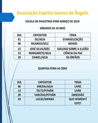 Associação Espírita Joanna de Ângelis
ESCALA DE PALESTRAS PARA MARÇO DE 2014
SÁBADOS AS 14:30HS
DIA
01
08

EXPOSITOR
DIJ/AEJA
RICARDO/SELC

TEMA
EVANGELIZAÇÃO
MOISÉS

15
22
29

JOSÉ SILVA/SEEC
MARGARETE/AEJA
DANIEL/AEJA

DIÁLOGO SOBRE A ILUZÃO
CIÊNCIA DA PAZ
OS ÓRFÃOS

QUINTAS-FEIRA AS 20HS

DIA
06
13
20
29

EXPOSITOR
ENEIDA/AEJA
TELTZ/PITHÃN
TARCÍSIO/PITHÃN
LUCAS/MENNA

TEMA
LIVRE
LIVRE
OBSESSÃO
QUE HOMEM É
ESTE?

 