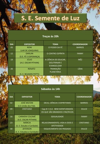 Treças às 20h

DIA             EXPOSITOR                    TEMA                  COORDENADOR
05                 RONI                  O PODER DA FÉ                BARROS
           (LAR DE JOAQUINA)
12                DARLAN                O CENTRO ESPÍRITA             FANNY
          (S.E. FÉ E ESPERANÇA)
19                 JÚLIO              A CIÊNCIA DE EDUCAR,            INÊZ
          (A.E. OSCAR PITHAN)             DOUTRINAR E
                                           EVANGELIZAR
26                 RENATO                   TRANSIÇÃO                 LÍDIA
                                            PLANETÁRIA
          (S. E. BEJAMIN POTTI)




                                   Sábados às 14h

DIA          EXPOSITOR                         TEMA                  COORDENADOR

02          JOSÉ MILTON              DEUS, CIÊNCIA E ESPIRITISMO        BARROS
        (S.E.União dos Fiéis)
09           CRISTIANO             Cap.IX E.S.E. BEM AVENTURADOS         DULCE
                                   OS QUE SÃO BRANDOS E PACÍFICOS

16        CARMEM COLOMÉ                     SEXUALIDADE                  FANNY
         (A.E. OSCAR PITHAN)
23               MÁRCIA            RELACIONAMENTO, VIDA A DOIS E       CRISTIANO
       (S. E. Estudo e Caridade)            AFETIVIDADE
30              JEFERSON             ESQUECIMENTO DO PASSADO             DULCE
      (S. E. Estudoo e Caridade)
 