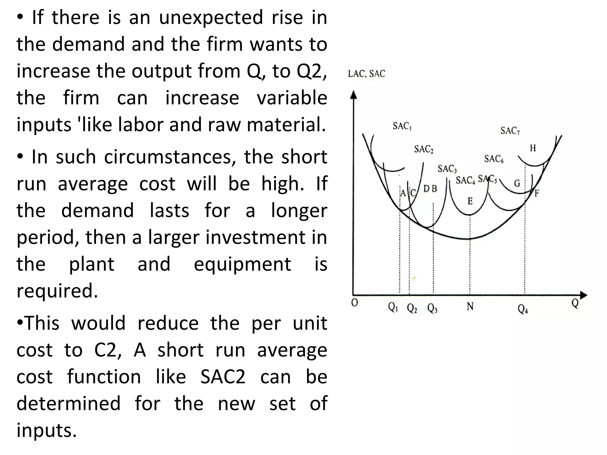 If there is an unexpected rise in the demand and the firm wants to increase the output from Q, to Q2, the firm can increase variable inputs 'like labor and raw material. In such circumstances, the short run average cost will be high. If the demand lasts for a longer period, then a larger investment in the plant and equipment is required.  This would reduce the per unit cost to C2, A short run average cost function like SAC2 can be determined for the new set of inputs. 