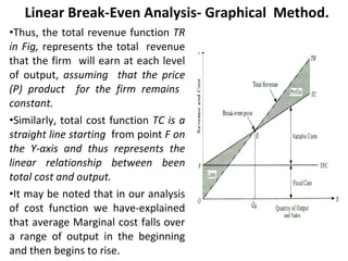 Linear Break-Even Analysis- Graphical  Method. Thus, the total revenue function  TR in Fig,  represents the total  revenue that the firm  will earn at each level of output,  assuming  that the price (P) product  for the firm remains  constant. Similarly, total cost function  TC is a straight line starting  from point  F on the Y-axis and thus represents the linear relationship between been total cost and output. It may be noted that in our analysis of cost function we have-explained that average Marginal cost falls over a range of output in the beginning and then begins to rise. 