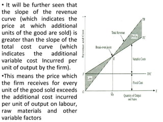 It will be further seen that the slope of the revenue curve (which indicates the price at which additional units of the good are sold) is greater than the slope of the total cost curve (which indicates the additional variable cost Incurred per unit of output by the firm).  This means the price which the firm receives for every unit of the good sold exceeds the additional cost incurred per unit of output on labour, raw materials and other variable factors 