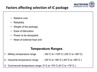 Factors affecting selection of IC package
Temperature Ranges
1. Military temperature range : -55o C to +125o C (-55o C to +85o C)
2. Industrial temperature range : -20o C to +85o C (-40o C to +85o C )
3. Commercial temperature range: 0o C to +70o C (0o C to +75o C )
• Relative cost
• Reliability
• Weight of the package
• Ease of fabrication
• Power to be dissipated
• Need of external heat sink
 