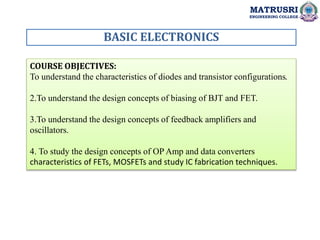 BASIC ELECTRONICS
COURSE OBJECTIVES:
To understand the characteristics of diodes and transistor configurations.
2.To understand the design concepts of biasing of BJT and FET.
3.To understand the design concepts of feedback amplifiers and
oscillators.
4. To study the design concepts of OP Amp and data converters
characteristics of FETs, MOSFETs and study IC fabrication techniques.
MATRUSRI
ENGINEERING COLLEGE
 