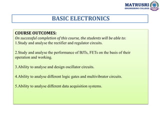 BASIC ELECTRONICS
MATRUSRI
ENGINEERING COLLEGE
COURSE OUTCOMES:
On successful completion of this course, the students will be able to:
1.Study and analyse the rectifier and regulator circuits.
2.Study and analyse the performance of BJTs, FETs on the basis of their
operation and working.
3.Ability to analyse and design oscillator circuits.
4.Ability to analyse different logic gates and multivibrator circuits.
5.Ability to analyse different data acquisition systems.
 