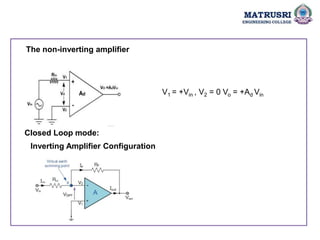 The non-inverting amplifier
V1 = +Vin , V2 = 0 Vo = +Ad Vin
Closed Loop mode:
Inverting Amplifier Configuration
 