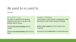 Be used to vs used to
Compare:
Be used to + -ing
An action or state that has become
habitual at any time. It can be in the
present, past or future.
The baby was used to sleeping with her
mother.
Students are used to learning some lesson by
heart.
Used to + infinitive
A past habit or state true for a long period in the
past which is over at the moment of talking.
Children used to spend more time outdoors than
nowadays.
At university, Carol used to live in a shared apartment.
 