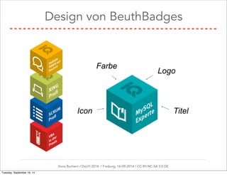 Design von BeuthBadges 
Logo 
Farbe 
Icon Titel 
Ilona Buchem / DeLFI 2014: / Freiburg, 16-09-2014 / CC BY-NC-SA 3.0 DE 
Tuesday, September 16, 14 
 