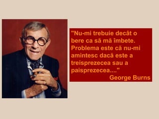 "Nu-mi trebuie decât o
bere ca să mă îmbete.
Problema este că nu-mi
amintesc dacă este a
treisprezecea sau a
paisprezecea...."
George Burns
 