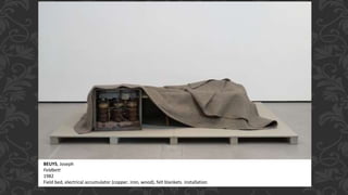 BEUYS, Joseph
Feldbett
1982
Field bed, electrical accumulator (copper, iron, wood), felt blankets installation
 