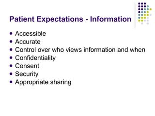 Patient Expectations - Information <ul><li>Accessible </li></ul><ul><li>Accurate </li></ul><ul><li>Control over who views ...