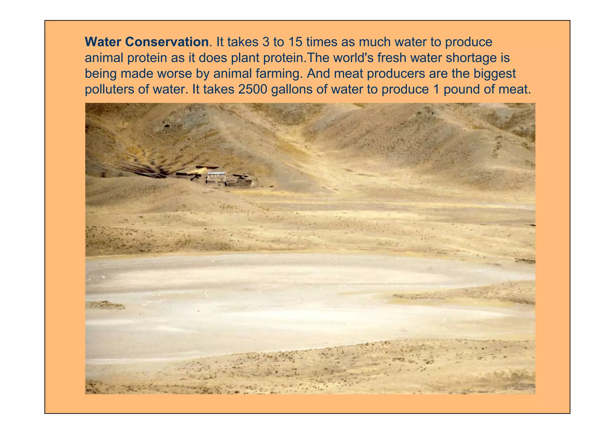 Water Conservation. It takes 3 to 15 times as much water to produce
animal protein as it does plant protein.The world's fresh water shortage is
being made worse by animal farming. And meat producers are the biggest
polluters of water. It takes 2500 gallons of water to produce 1 pound of meat.
 
