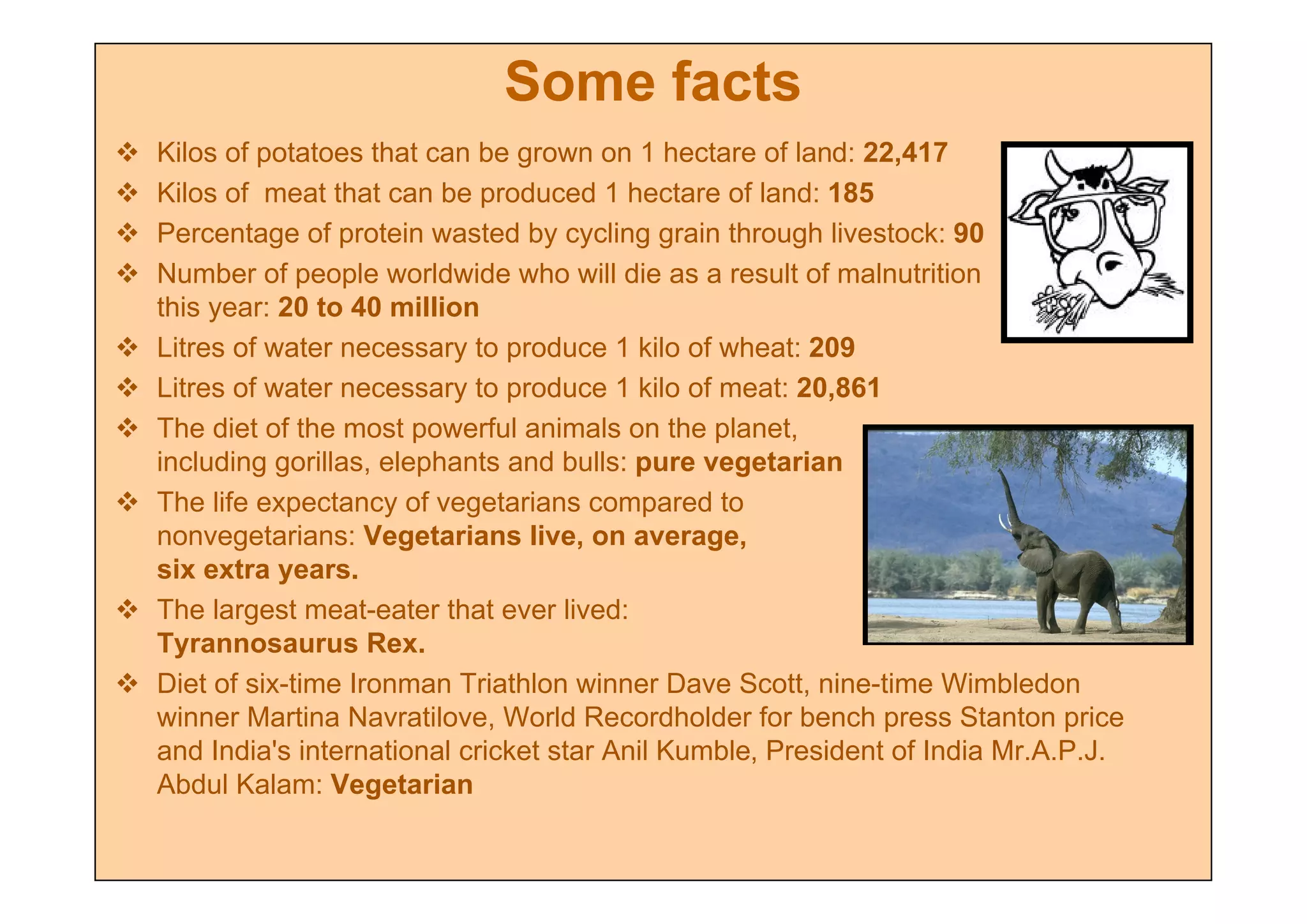 Some facts
   Kilos of potatoes that can be grown on 1 hectare of land: 22,417
   Kilos of meat that can be produced 1 hectare of land: 185
   Percentage of protein wasted by cycling grain through livestock: 90
   Number of people worldwide who will die as a result of malnutrition
    this year: 20 to 40 million
   Litres of water necessary to produce 1 kilo of wheat: 209
   Litres of water necessary to produce 1 kilo of meat: 20,861
   The diet of the most powerful animals on the planet,
    including gorillas, elephants and bulls: pure vegetarian
   The life expectancy of vegetarians compared to
    nonvegetarians: Vegetarians live, on average,
    six extra years.
   The largest meat-eater that ever lived:
    Tyrannosaurus Rex.
   Diet of six-time Ironman Triathlon winner Dave Scott, nine-time Wimbledon
    winner Martina Navratilove, World Recordholder for bench press Stanton price
    and India's international cricket star Anil Kumble, President of India Mr.A.P.J.
    Abdul Kalam: Vegetarian
 