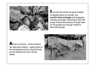 If we eat the plants we grow instead
                                          of feeding them to animals, the
                                          world's food shortage will disappear
                                          virtually overnight. Remember that 100
                                          acres of land will produce enough beef
                                          for 20 people but enough wheat to
                                          feed 240 people.




African countries - where millions
are starving to death - export grain to
the developed world so that animals
can be fattened for your dining
tables.
 