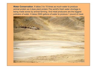 Water Conservation. It takes 3 to 15 times as much water to produce
animal protein as it does plant protein.The world's fresh water shortage is
being made worse by animal farming. And meat producers are the biggest
polluters of water. It takes 2500 gallons of water to produce 1 pound of meat.
 