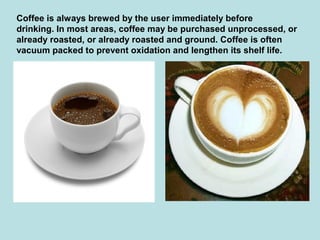 Coffee is always brewed by the user immediately before
drinking. In most areas, coffee may be purchased unprocessed, or
already roasted, or already roasted and ground. Coffee is often
vacuum packed to prevent oxidation and lengthen its shelf life.
 