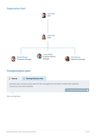 Organization chart
John Doe
CEO
Jane Doe
COO
Robert Brown
Production Manager
Lucas White
Customer Service
Manager
Alice Brown
Operations Manager
End of interactive chart.
Compensation plan
Start writing here..
Describe your compensation plan for the management and staff. Include their salaries,
incentives, and other benefits.
To unlock help try Upmetrics! 
 Help tip  Beverage Business Plan
Beverage Business Plan | Business Plan 2023 35/47
 