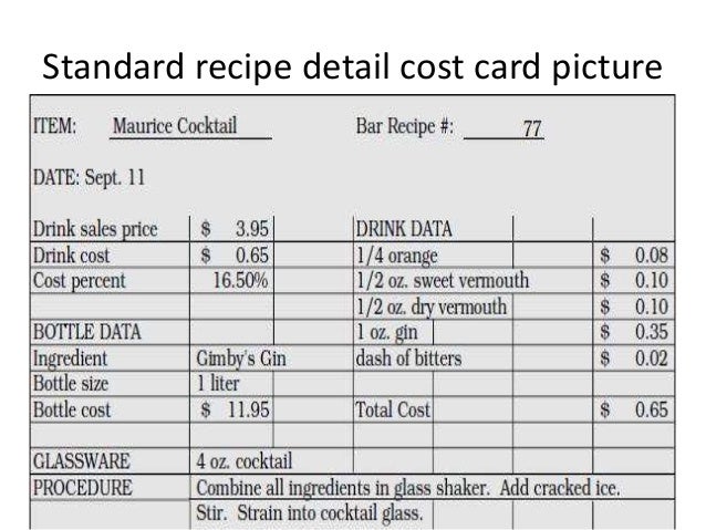 beverage control standard recipe cards