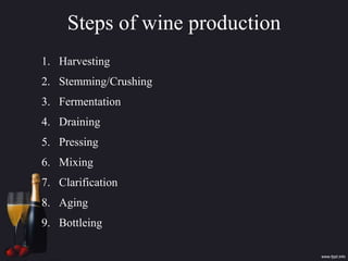 Steps of wine production
1. Harvesting
2. Stemming/Crushing
3. Fermentation
4. Draining
5. Pressing
6. Mixing
7. Clarification
8. Aging
9. Bottleing
 