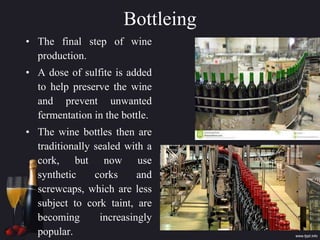 Bottleing
• The final step of wine
production.
• A dose of sulfite is added
to help preserve the wine
and prevent unwanted
fermentation in the bottle.
• The wine bottles then are
traditionally sealed with a
cork, but now use
synthetic corks and
screwcaps, which are less
subject to cork taint, are
becoming increasingly
popular.
 