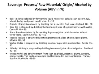 Beverage Process/ Raw Material/ Origin/ Alcohol by
Volume (ABV in %)
• Beer : Beer is obtained by fermenting liquid mixture of cereals such as corn, rye,
wheat, barley and yeast. world wide 5 – 10
• Brandy: Brandy is obtained by distilling the fermented fruit juices Holland 40 – 50
• Gin: Gin is obtained by distilling the fermented juice of Juniper berries with water.
Central/ 40 – 50
• Rum: Rum is obtained by fermenting Sugarcane juice or Molasses for at least
three years. South America 40 – 55
• Tequila: Tequila is obtained by distilling fermented juices of Blue Agave plants.
Mexico 40 - 50
• Vodka: Vodka is prepared by distilling starch or sugar-rich plant matter. Russia 35 -
50
• Whisky: Whisky is prepared by distilling fermented juice of cereal grains. Scotland
40 - 55
• Wines: Wines are obtained from fruits such as grapes, peaches, plums, apricots,
pomegranate. The fruits are crushed and fermented in large containers. France/
South Africa/India 05-20
 