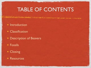 TABLE OF CONTENTS

Introduction

Classiﬁcation

Description of Beavers

Fossils

Closing

Resources
 