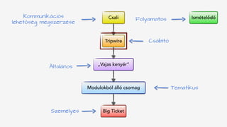 Csali
Tripwire
„Vajas kenyér”
Modulokból álló csomag
Big Ticket
IsmételődőKommunikációs 
lehetőség megszerzése
Folyamatos
Csábító
Tematikus
Személyes
Általános
 
