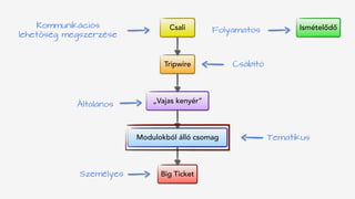 Csali
Tripwire
„Vajas kenyér”
Modulokból álló csomag
Big Ticket
IsmételődőKommunikációs 
lehetőség megszerzése
Folyamatos
Csábító
Tematikus
Személyes
Általános
 