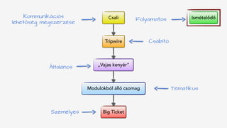 Csali
Tripwire
„Vajas kenyér”
Modulokból álló csomag
Big Ticket
IsmételődőKommunikációs 
lehetőség megszerzése
Folyamatos
Csábító
Tematikus
Személyes
Általános
 
