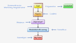 Csali
Tripwire
„Vajas kenyér”
Modulokból álló csomag
Big Ticket
IsmételődőKommunikációs 
lehetőség megszerzése
Folyamatos
Csábító
Tematikus
Személyes
Általános
 