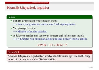 Matematikai alapfogalmak


Kvantált kifejezések tagadása

Példák
    Minden gyakorlaton röpdolgozatot írunk.
    −→ Van olyan gyakorlat, amikor nem írunk röpdolgozatot.
    Van páros prímszám.
    −→ Minden prímszám páratlan.
    A Szigeten minden nap van olyan koncert, ami nekem nem tetszik.
    −→ A Szigeten van olyan nap, amikor minden koncert tetszik nekem.

                            ¬(∀N∃K : ¬T) = ∃N∀K : T.

Észrevétel
Az olyan kifejezések tagadásakor, amelyek tartalmaznak egzisztenciális vagy
univerzális kvantort, a ∀ és a ∃ felcserél˝ dik.
                                          o

                                                                         14 / 48
 