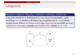 Halmazok és leképezések


Leképezések

Deﬁníció: Leképezés (függvény), értelmezési tartomány, értékkészlet
Legyenek adottak az A, B halmazok és f egy olyan hozzárendelés, amely
tetsz˝ leges a ∈ A elemhez a B halmaz egy meghatározott b = f (a) elemét
     o
rendeli hozzá. Ekkor f -et leképezésnek vagy függvénynek nevezzük, az A az f
értelmezési tartománya, B pedig az f értékkészlete. Jelölés: f : A → B.


                           A                     f    B

                           a                         f (a)




                                                                         31 / 48
 
