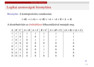 Matematikai alapfogalmak


Logikai azonosságok bizonyítása
Bizonyítás. A kontrapozícióra vonatkozóan:

              (¬B) → (¬A) = ¬(¬B) ∨ ¬A = ¬A ∨ B = A → B.

A disztributivitást az értéktáblázat felhasználásával mutatjuk meg:

    A B C       A∧B A∧C B∨C                       A ∧ (B ∨ C) (A ∧ B) ∨ (A ∧ C)
    i i i        i   i   i                             i              i
    i i h        i   h   i                             i              i
    i h i        h   i   i                             i              i
    i h h        h   h   h                             h              h
    h i i        h   h   i                             h              h
    h i h        h   h   i                             h              h
    h h i        h   h   i                             h              h
    h h h        h   h   h                             h              h


                                                                                  8 / 48
 