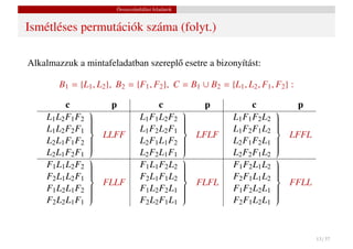 Összeszámlálási feladatok


Ismétléses permutációk száma (folyt.)

Alkalmazzuk a mintafeladatban szerepl˝ esetre a bizonyítást:
                                     o

        B1 = {L1 , L2 }, B2 = {F1 , F2 }, C = B1 ∪ B2 = {L1 , L2 , F1 , F2 } :

          c           p                  c               p          c           p
                                                                          
    L1 L2 F1 F2   
                  
                                  L1 F1 L2 F2       
                                                     
                                                             L1 F1 F2 L2   
                                                                            
                                                                            
                                                                          
    L1 L2 F2 F1   
                                  L1 F2 L2 F1       
                                                             L1 F2 F1 L2   
                                                                            
                   LLFF                              LFLF                  LFFL
                                                                          
    L2 L1 F1 F2   
                  
                  
                                  L2 F1 L1 F2       
                                                     
                                                     
                                                             L2 F1 F2 L1   
                                                                            
                                                                            
                                                                            
    L2 L1 F2 F1                    L2 F2 L1 F1                L2 F2 F1 L2
                  
                                                    
                                                                           
                                                                            
                                                                          
    F1 L1 L2 F2   
                  
                                  F1 L1 F2 L2       
                                                     
                                                             F1 F2 L1 L2   
                                                                            
                                                                            
                                                                          
    F2 L1 L2 F1   
                                  F2 L1 F1 L2       
                                                             F2 F1 L1 L2   
                                                                            
                   FLLF                              FLFL                  FFLL
                                                                          
    F1 L2 L1 F2   
                  
                  
                                  F1 L2 F2 L1       
                                                     
                                                     
                                                             F1 F2 L2 L1   
                                                                            
                                                                            
                                                                            
    F2 L2 L1 F1                    F2 L2 F1 L1                F2 F1 L2 L1
                  
                                                    
                                                                           
                                                                            



                                                                                     13 / 37
 