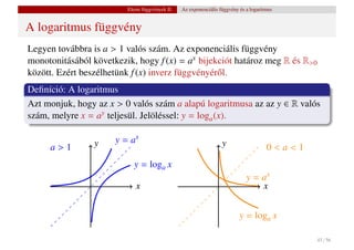 Elemi függvények II.   Az exponenciális függvény és a logaritmus


A logaritmus függvény
Legyen továbbra is a > 1 valós szám. Az exponenciális függvény
monotonitásából következik, hogy f (x) = ax bijekciót határoz meg R és R>0
között. Ezért beszélhetünk f (x) inverz függvényér˝ l.
                                                  o
Deﬁníció: A logaritmus
Azt monjuk, hogy az x > 0 valós szám a alapú logaritmusa az az y ∈ R valós
szám, melyre x = ay teljesül. Jelöléssel: y = loga (x).

                 y    y = ax                                      y
     a>1                                                                              0<a<1
                           y = loga x
                                                                             y = ax
                            x                                                    x


                                                                          y = loga x

                                                                                              45 / 56
 